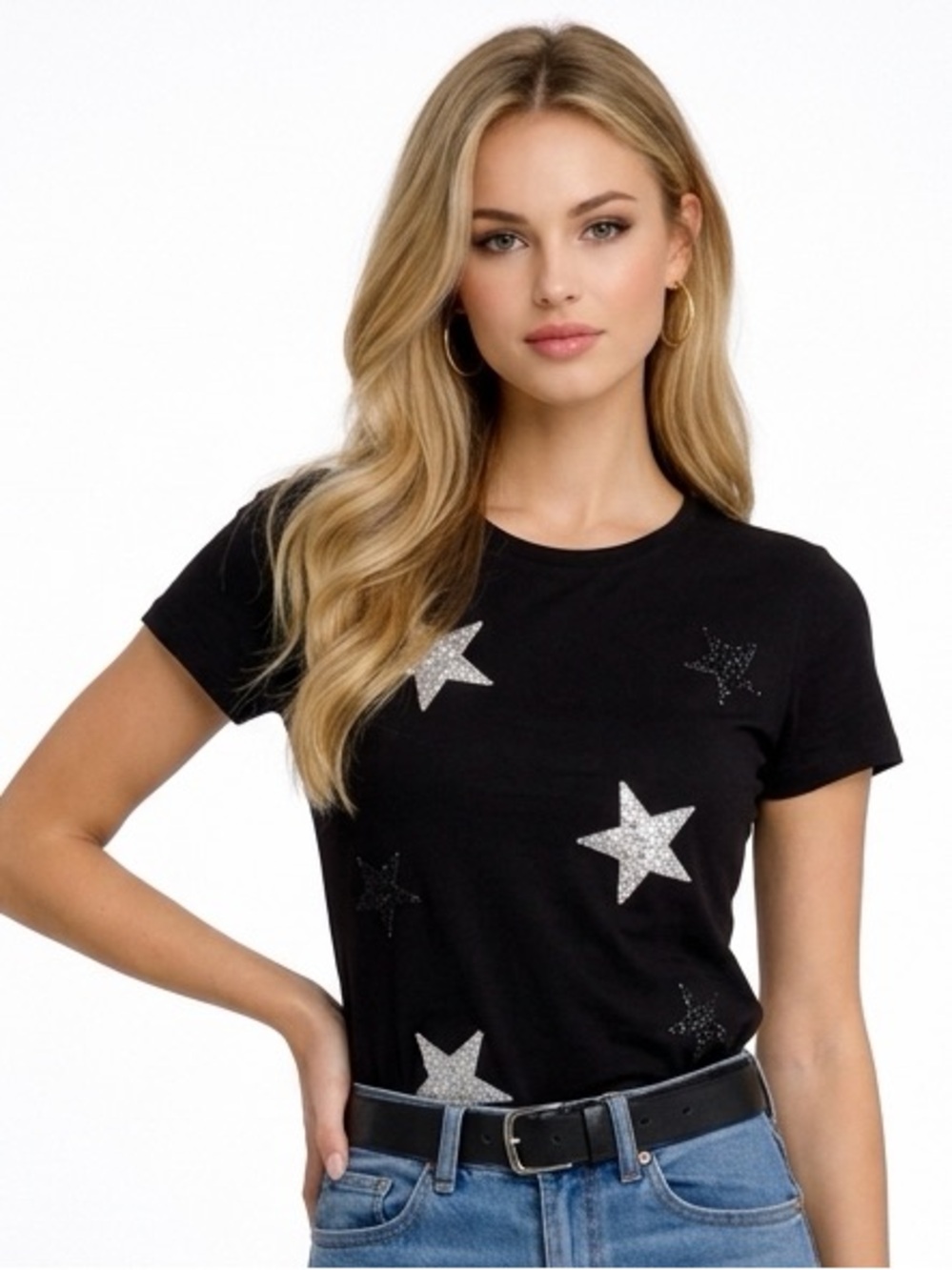 SOLUTION black t shirt with‎ glittering stars. Size small.